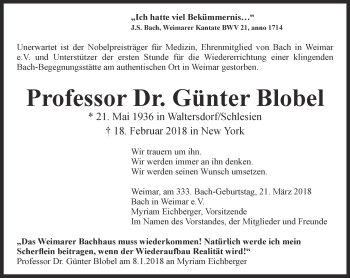 Traueranzeige von Günter Blobel von Thüringer Allgemeine, Thüringische Landeszeitung