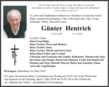 Traueranzeige von Günter Hentrich von Thüringer Allgemeine