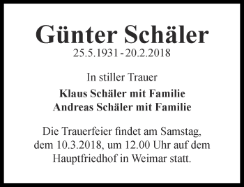 Traueranzeige von Günter Schäler von Thüringer Allgemeine, Thüringische Landeszeitung