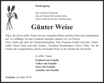 Traueranzeige von Günter Weise von Ostthüringer Zeitung