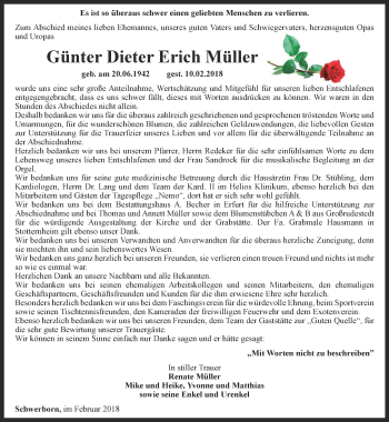 Traueranzeige von Günter Dieter Erich Müller von Thüringer Allgemeine, Thüringische Landeszeitung