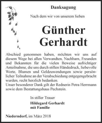 Traueranzeige von Günther Gerhardt von Ostthüringer Zeitung