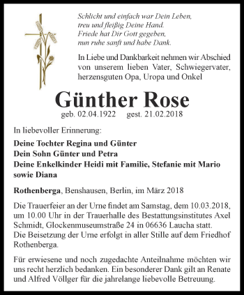 Traueranzeige von Günther Rose von Thüringer Allgemeine