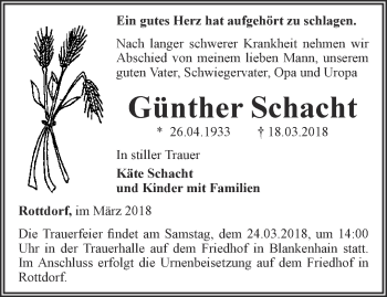 Traueranzeige von Günther Schacht von Thüringer Allgemeine, Thüringische Landeszeitung