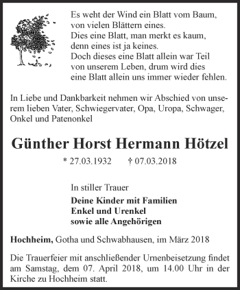 Traueranzeige von Günther Horst Hermann Hötzel von Ostthüringer Zeitung, Thüringische Landeszeitung