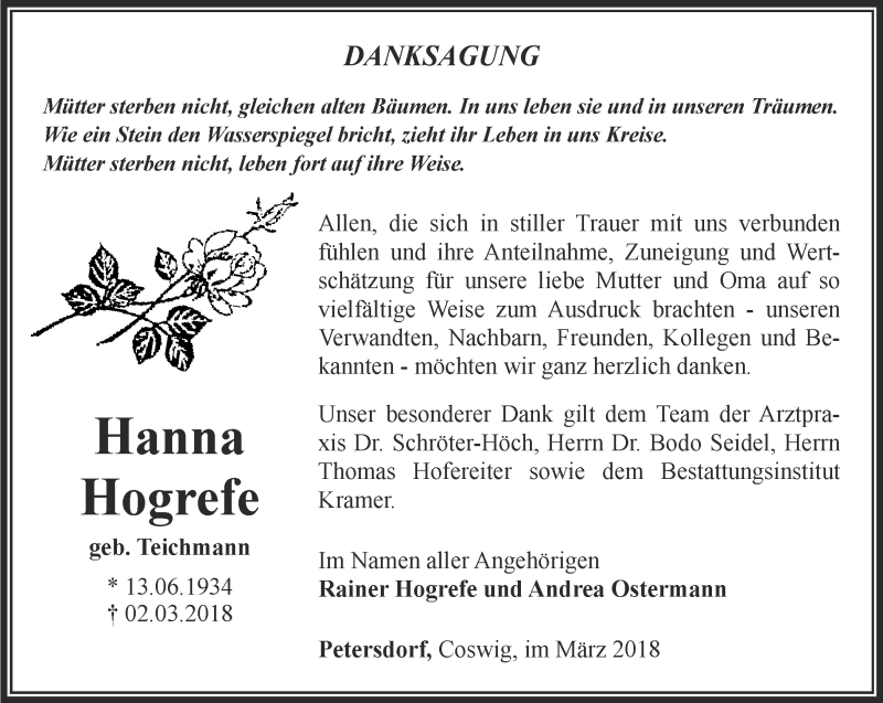  Traueranzeige für Hanna Hogrefe vom 24.03.2018 aus Thüringer Allgemeine