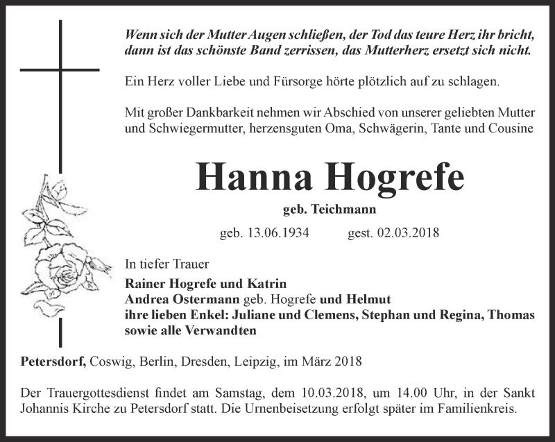  Traueranzeige für Hanna Hogrefe vom 07.03.2018 aus Thüringer Allgemeine