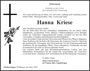 Traueranzeige von Hanna Kriese von Thüringer Allgemeine