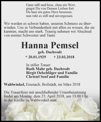 Traueranzeige von Hanna Pemsel von Ostthüringer Zeitung, Thüringische Landeszeitung