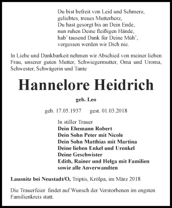 Traueranzeige von Hannelore Heidrich von Ostthüringer Zeitung