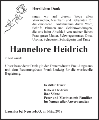 Traueranzeige von Hannelore Heidrich von Ostthüringer Zeitung