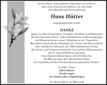 Traueranzeige von Hans Hütter von Thüringer Allgemeine, Thüringische Landeszeitung