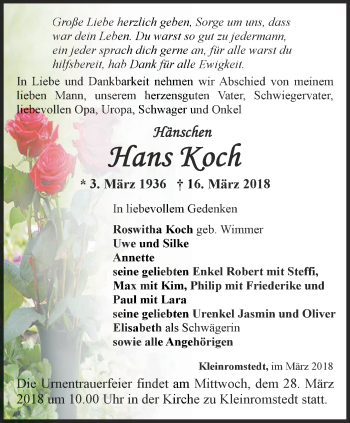 Traueranzeige von Hans Koch von Thüringer Allgemeine, Thüringische Landeszeitung