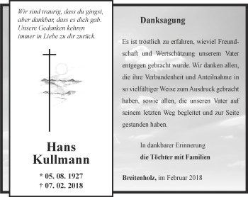 Traueranzeige von Hans Kullmann von Thüringer Allgemeine