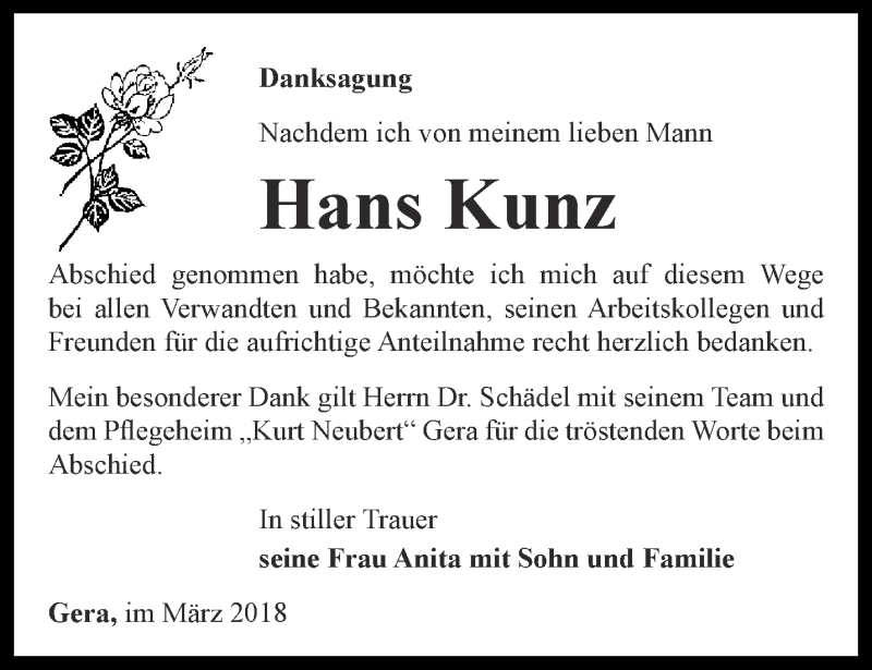 Traueranzeigen Von Hans Kunz Trauer In Thueringen De