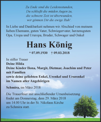 Traueranzeige von Hans König von Thüringer Allgemeine, Thüringische Landeszeitung