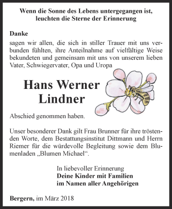 Traueranzeige von Hans Werner Lindner von Thüringer Allgemeine, Thüringische Landeszeitung