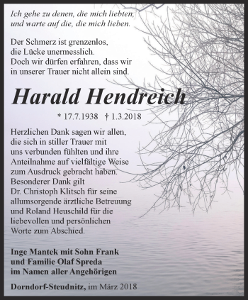 Traueranzeige von Harald Hendreich von Ostthüringer Zeitung, Thüringische Landeszeitung