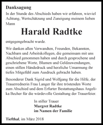 Traueranzeige von Harald Radtke von Thüringer Allgemeine, Thüringische Landeszeitung