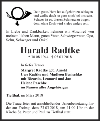 Traueranzeige von Harald Radtke von Thüringer Allgemeine, Thüringische Landeszeitung