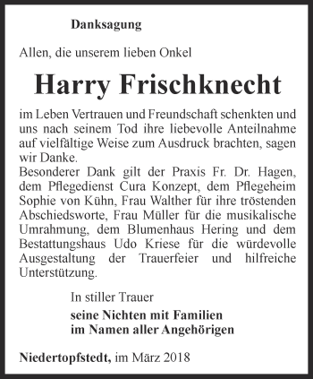 Traueranzeige von Harry Frischknecht von Thüringer Allgemeine