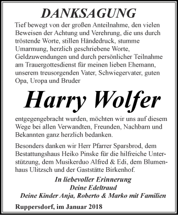 Traueranzeige von Harry Wolfer von Ostthüringer Zeitung