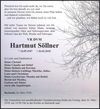 Traueranzeige von Hartmut Söllner von Thüringer Allgemeine, Thüringische Landeszeitung