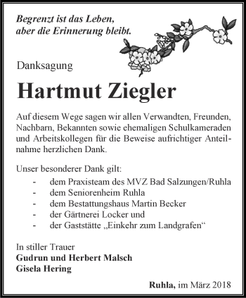 Traueranzeige von Hartmut Ziegler von Thüringer Allgemeine, Thüringische Landeszeitung