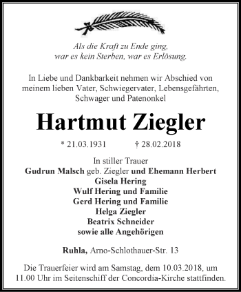 Traueranzeige von Hartmut Ziegler von Thüringer Allgemeine, Thüringische Landeszeitung