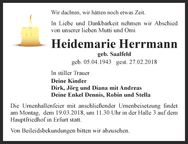  Traueranzeige für Heidemarie Herrmann vom 10.03.2018 aus Thüringer Allgemeine, Thüringische Landeszeitung
