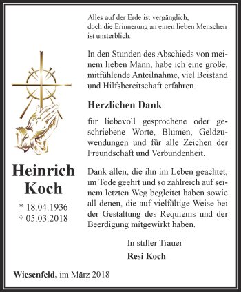 Traueranzeige von Heinrich Koch von Thüringer Allgemeine