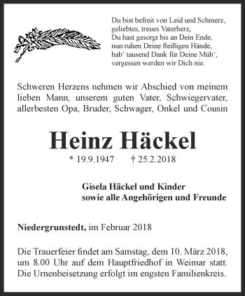 Traueranzeige von Heinz Häckel von Thüringer Allgemeine, Thüringische Landeszeitung