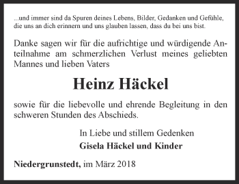 Traueranzeige von Heinz Häckel von Thüringer Allgemeine, Thüringische Landeszeitung