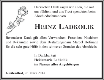 Traueranzeige von Heinz Ladkolik von Ostthüringer Zeitung