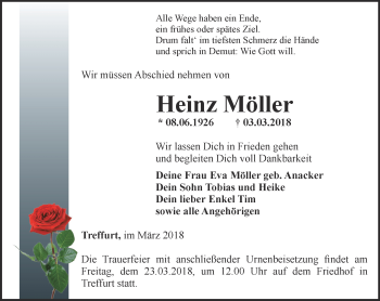 Traueranzeige von Heinz Möller von Thüringer Allgemeine, Thüringische Landeszeitung