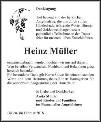 Traueranzeige von Heinz Müller von Thüringer Allgemeine