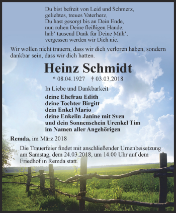 Traueranzeige von Heinz Schmidt von Ostthüringer Zeitung