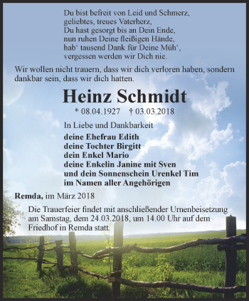 Traueranzeige von Heinz Schmidt