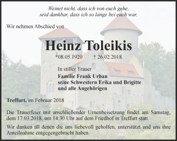 Traueranzeige von Heinz Toleikis von Thüringer Allgemeine, Thüringische Landeszeitung