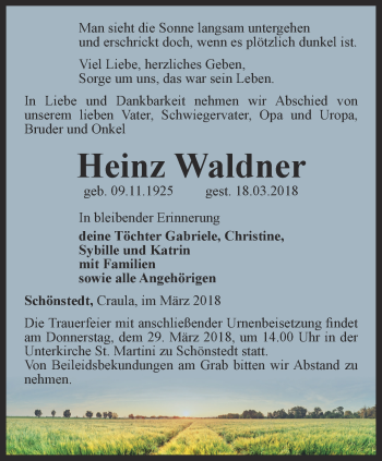 Traueranzeige von Heinz Waldner von Thüringer Allgemeine, Thüringische Landeszeitung