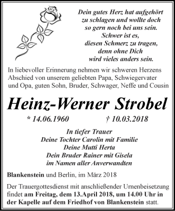 Traueranzeige von Heinz-Werner Strobel von Ostthüringer Zeitung