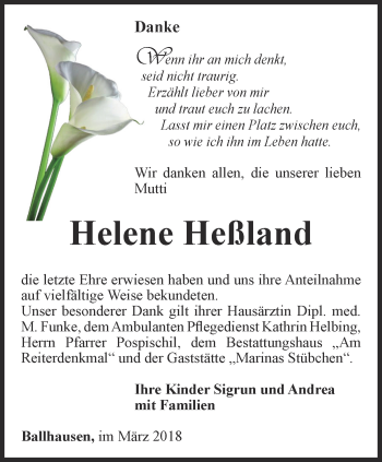 Traueranzeige von Helene Heßland von Thüringer Allgemeine, Thüringische Landeszeitung