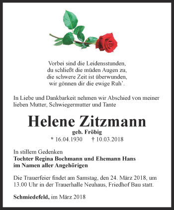 Traueranzeige von Helene Zitzmann von Ostthüringer Zeitung