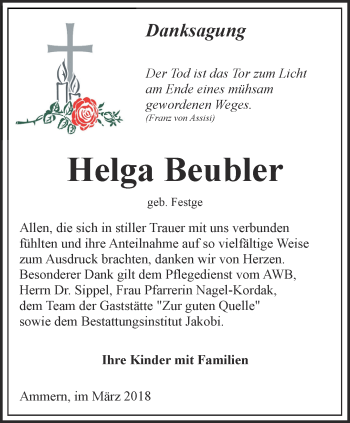 Traueranzeige von Helga Beubler von Thüringer Allgemeine, Thüringische Landeszeitung