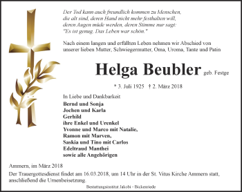 Traueranzeige von Helga Beubler von Thüringer Allgemeine, Thüringische Landeszeitung
