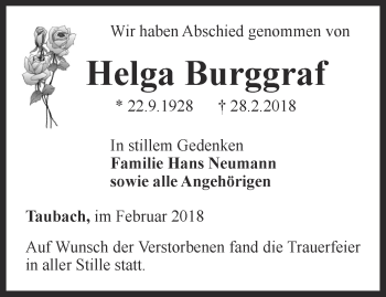 Traueranzeige von Helga Burggraf von Thüringer Allgemeine, Thüringische Landeszeitung