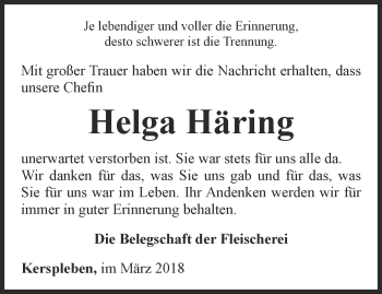 Traueranzeige von Helga Häring von Thüringer Allgemeine, Thüringische Landeszeitung