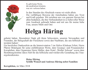 Traueranzeige von Helga Häring von Thüringer Allgemeine, Thüringische Landeszeitung