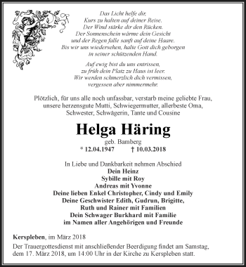 Traueranzeige von Helga Häring von Thüringer Allgemeine, Thüringische Landeszeitung