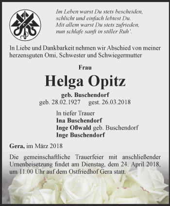 Traueranzeige von Helga Opitz von Ostthüringer Zeitung